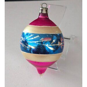 Vintage Hand-Painted Glass Christmas Ornament Pink & Blue Teardrop Design